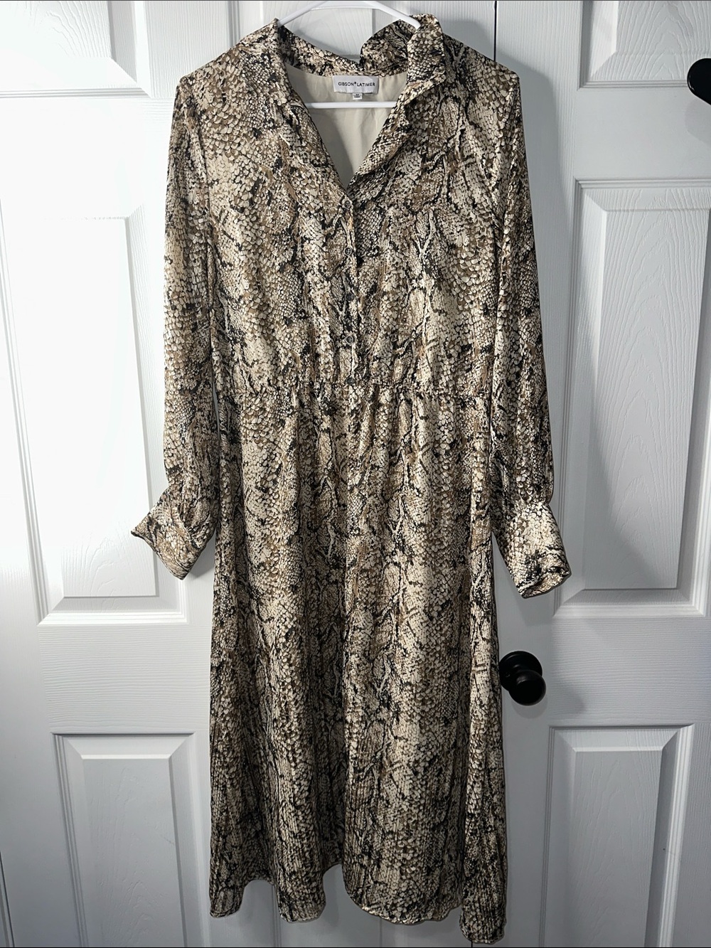 Gibson Latimer Snake-Print Long Sleeve Midi Dress in Brown and Cream
